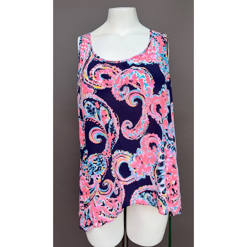 Lilly Pulitzer Malis Silk XL Pink Navy Paisley Racerback Tank Top Coastal Resort